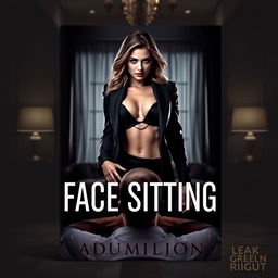 An erotic book cover design featuring a striking and powerful image of a confident, dominant woman in a stylish outfit, exuding authority and allure