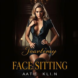 An erotic book cover design featuring a striking and powerful image of a confident, dominant woman in a stylish outfit, exuding authority and allure