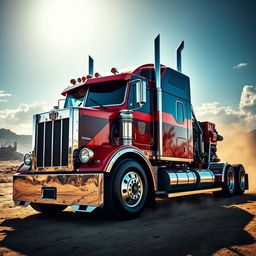 A highly detailed image of Optimus Prime in truck form, showcasing the iconic red and blue color scheme with metallic textures and intricate mechanical details, parked against a dramatic backdrop of a post-apocalyptic landscape