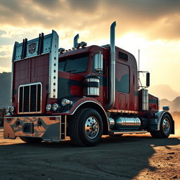 A highly detailed image of Optimus Prime in truck form, showcasing the iconic red and blue color scheme with metallic textures and intricate mechanical details, parked against a dramatic backdrop of a post-apocalyptic landscape