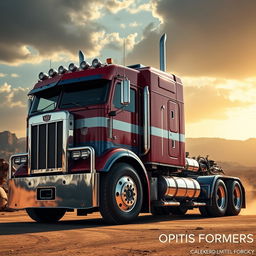 A highly detailed image of Optimus Prime in truck form, showcasing the iconic red and blue color scheme with metallic textures and intricate mechanical details, parked against a dramatic backdrop of a post-apocalyptic landscape