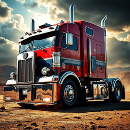A highly detailed image of Optimus Prime in truck form, showcasing the iconic red and blue color scheme with metallic textures and intricate mechanical details, parked against a dramatic backdrop of a post-apocalyptic landscape