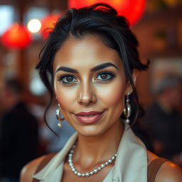 A 35-year-old woman with dark hair and tanned skin, showcasing her expressive eyes that convey depth and character, embodying her Latin heritage