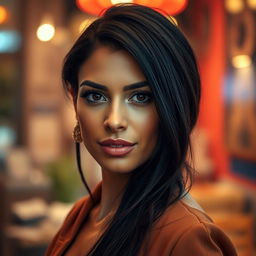 A 35-year-old woman with dark hair and tanned skin, showcasing her expressive eyes that convey depth and character, embodying her Latin heritage