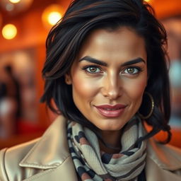 A 35-year-old woman with dark hair and tanned skin, showcasing her expressive eyes that convey depth and character, embodying her Latin heritage