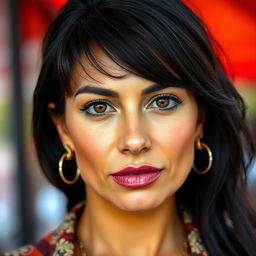 A 35-year-old woman with dark hair and tanned skin, showcasing her expressive eyes that convey depth and character, embodying her Latin heritage