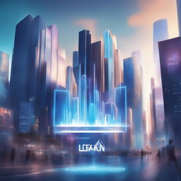 A digital art advertisement for a tech company, featuring a cityscape with a holographic device projection, the company's logo, a catchy slogan, and a 'Learn More' button