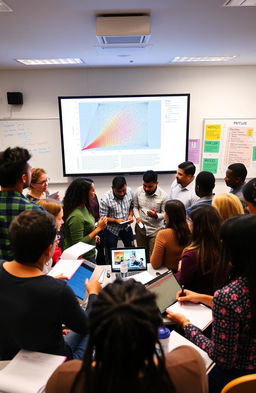A vibrant, engaging workshop scene featuring a diverse group of enthusiastic participants gathered around a large screen displaying an intricate Matplotlib graph