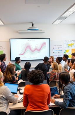 A vibrant, engaging workshop scene featuring a diverse group of enthusiastic participants gathered around a large screen displaying an intricate Matplotlib graph