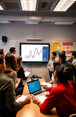 A vibrant, engaging workshop scene featuring a diverse group of enthusiastic participants gathered around a large screen displaying an intricate Matplotlib graph