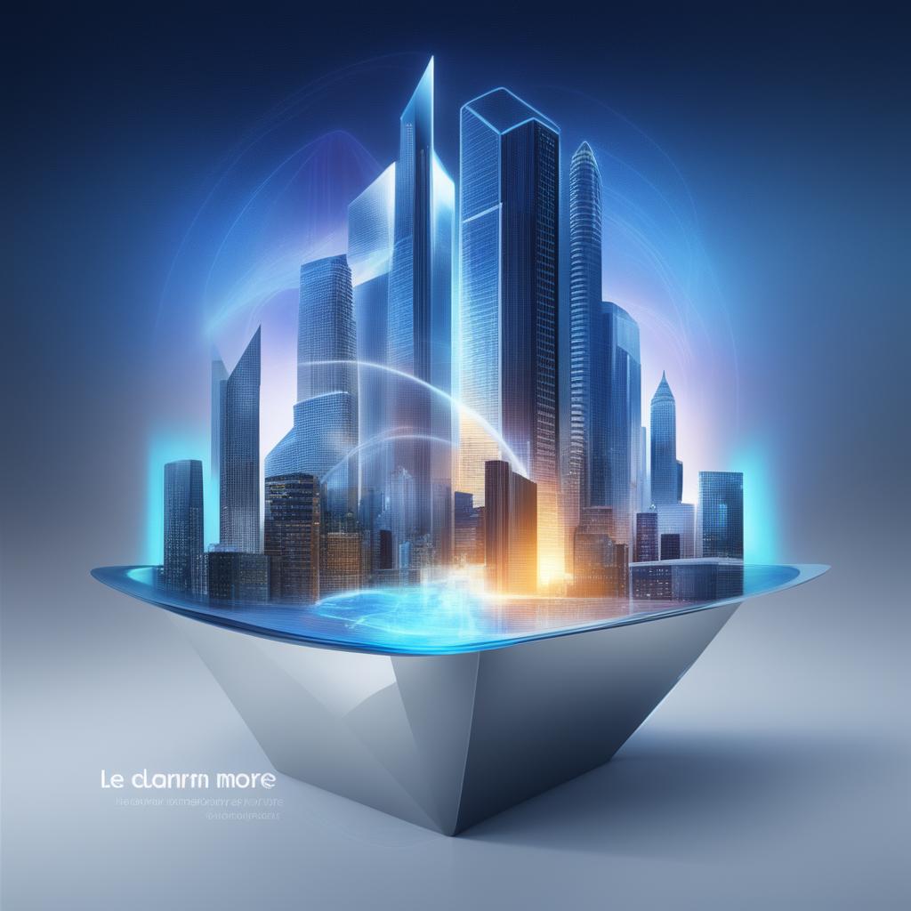 A digital art advertisement for a tech company, featuring a cityscape with a holographic device projection, the company's logo, a catchy slogan, and a 'Learn More' button