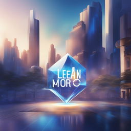 A digital art advertisement for a tech company, featuring a cityscape with a holographic device projection, the company's logo, a catchy slogan, and a 'Learn More' button