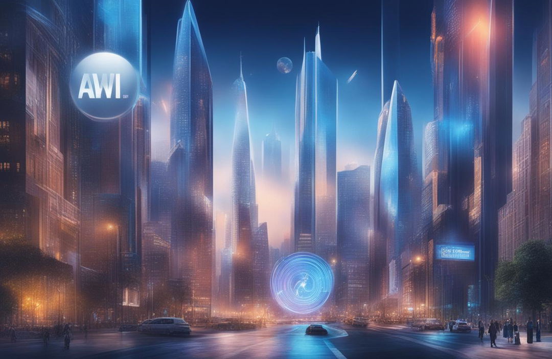 A widescreen digital art advertisement for a tech company, showcasing a cityscape with a holographic device, the company's logo, a compelling slogan, and a 'Learn More' button