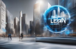 A widescreen digital art advertisement for a tech company, showcasing a cityscape with a holographic device, the company's logo, a compelling slogan, and a 'Learn More' button