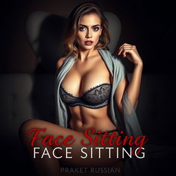 An erotic book cover design featuring an alluring and confident woman in a dominant pose, asserting her power with a captivating expression