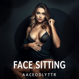 An erotic book cover design featuring an alluring and confident woman in a dominant pose, asserting her power with a captivating expression