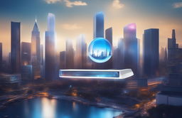 A widescreen digital art advertisement for a tech company, showcasing a cityscape with a holographic device, the company's logo, a compelling slogan, and a 'Learn More' button