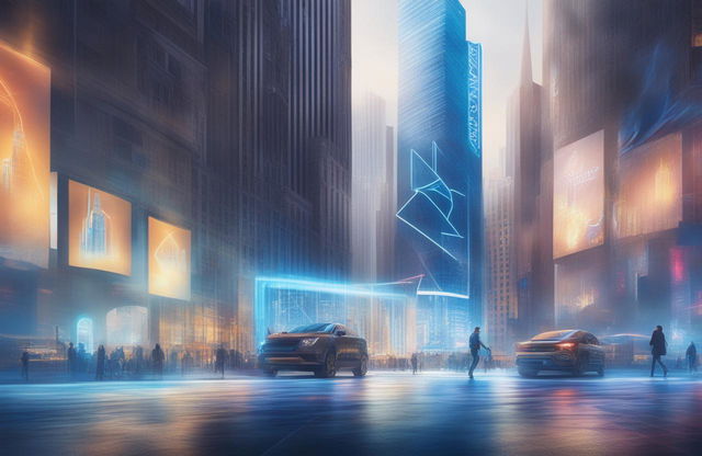 A widescreen digital art advertisement for a tech company, showcasing a cityscape with a holographic device, the company's logo, a compelling slogan, and a 'Learn More' button