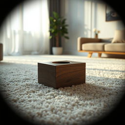 A photorealistic image of a small, intricately designed wooden box placed on the soft, plush carpet of a contemporary apartment