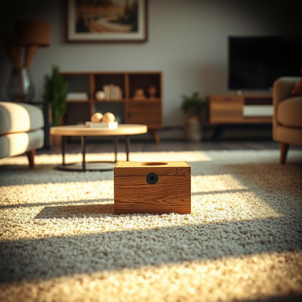 A photorealistic image of a small, intricately designed wooden box placed on the soft, plush carpet of a contemporary apartment