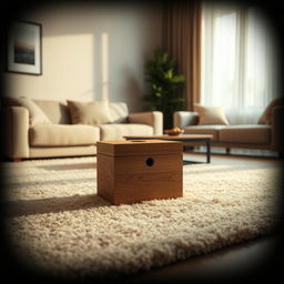 A photorealistic image of a small, intricately designed wooden box placed on the soft, plush carpet of a contemporary apartment