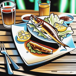 A realistic digital art image of a plate of 'Ikan Hiu Goreng' or 'Fried Shark Fish', served with chili sauce and iced lemon tea on a rustic wooden table