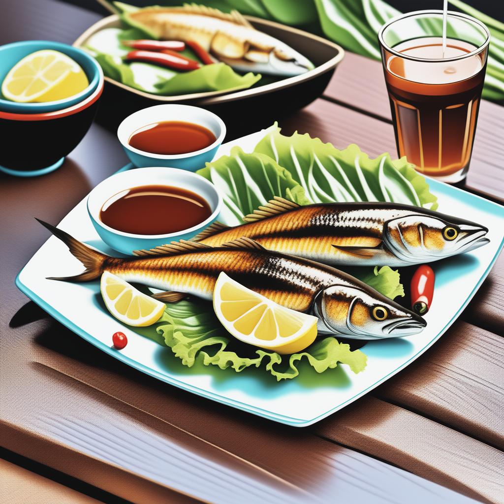 A realistic digital art image of a plate of 'Ikan Hiu Goreng' or 'Fried Shark Fish', served with chili sauce and iced lemon tea on a rustic wooden table