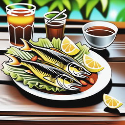 A realistic digital art image of a plate of 'Ikan Hiu Goreng' or 'Fried Shark Fish', served with chili sauce and iced lemon tea on a rustic wooden table