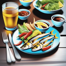 A realistic digital art image of a plate of 'Ikan Hiu Goreng' or 'Fried Shark Fish', served with chili sauce and iced lemon tea on a rustic wooden table