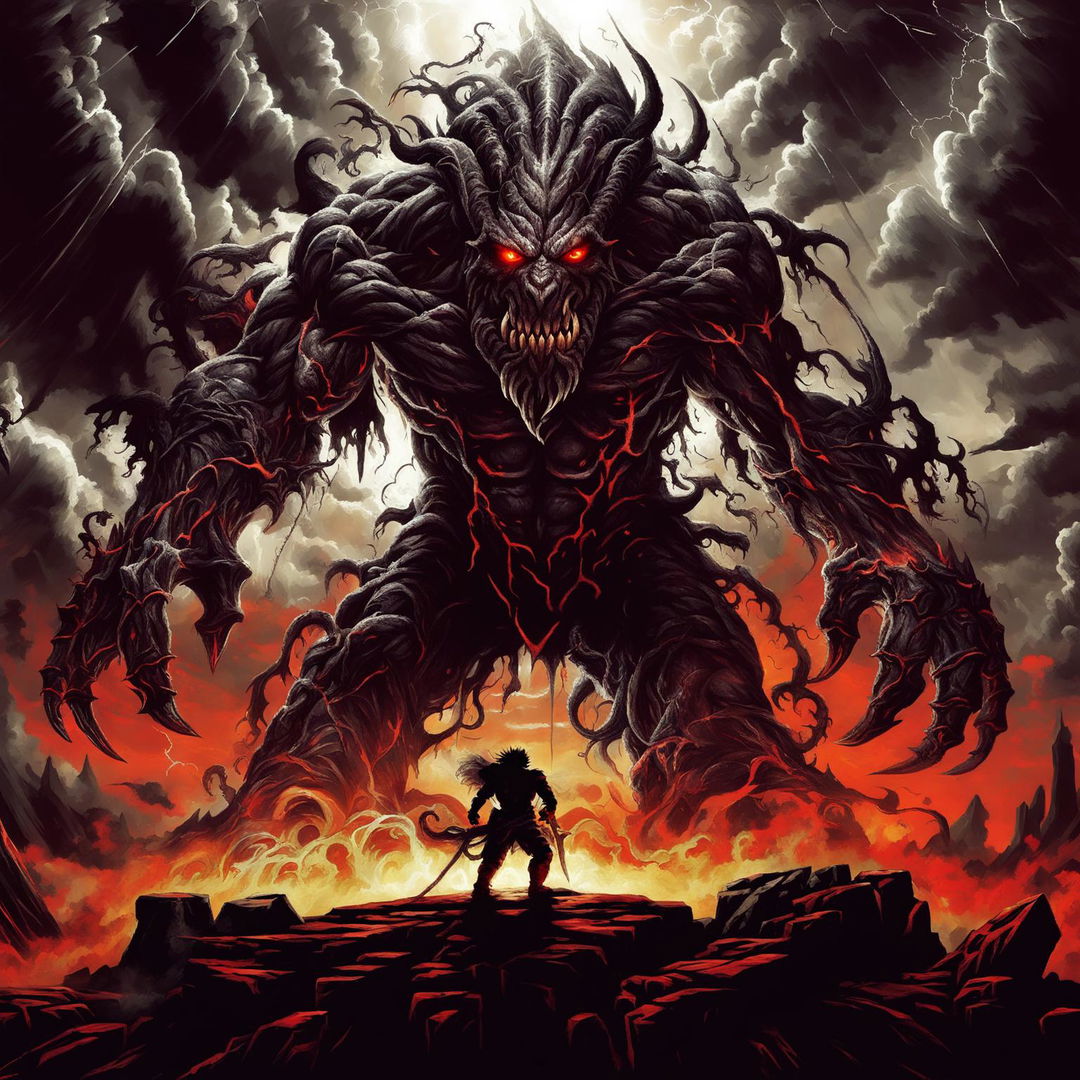 A high-quality digital art image depicting a final boss encounter with a colossal, demonic entity composed of molten lava and rocks