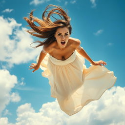 A beautiful woman falling from the sky, her long flowing hair whipped by the wind, wearing an elegant flowing dress that billows dramatically around her