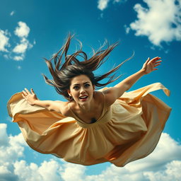 A beautiful woman falling from the sky, her long flowing hair whipped by the wind, wearing an elegant flowing dress that billows dramatically around her