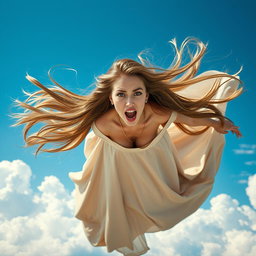 A beautiful woman falling from the sky, her long flowing hair whipped by the wind, wearing an elegant flowing dress that billows dramatically around her