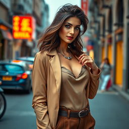 A captivating portrayal of a woman resembling Kubra Khan, exuding confidence and allure