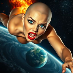 A beautiful bald woman with striking blue eyes and luscious red lips, dramatically falling from outer space towards Earth, resembling a fiery meteor