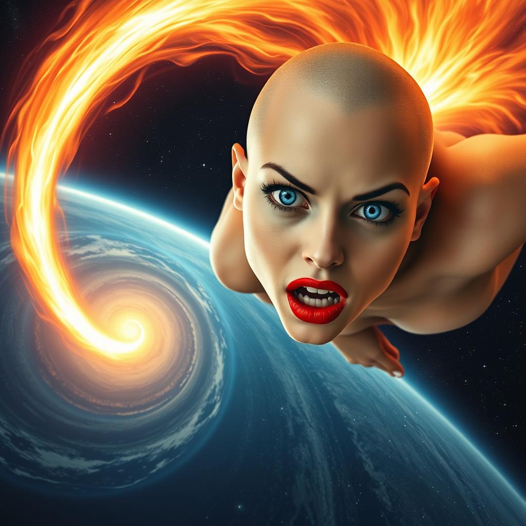 A beautiful bald woman with striking blue eyes and luscious red lips, dramatically falling from outer space towards Earth, resembling a fiery meteor