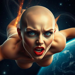 A beautiful bald woman with striking blue eyes and luscious red lips, dramatically falling from outer space towards Earth, resembling a fiery meteor