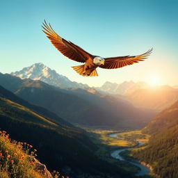 A majestic golden eagle soaring high above a stunning mountain range, with snow-capped peaks and a clear blue sky