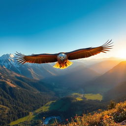 A majestic golden eagle soaring high above a stunning mountain range, with snow-capped peaks and a clear blue sky