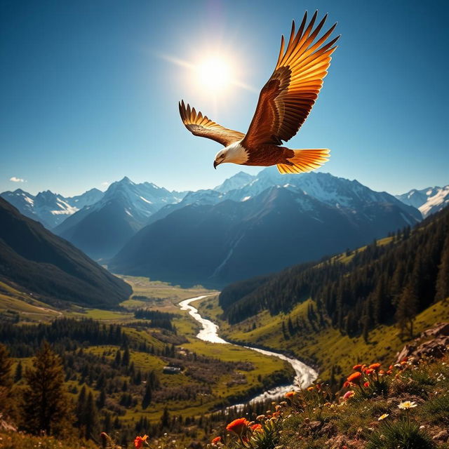 A majestic golden eagle soaring high above a stunning mountain range, with snow-capped peaks and a clear blue sky