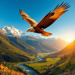 A majestic golden eagle soaring high above a stunning mountain range, with snow-capped peaks and a clear blue sky