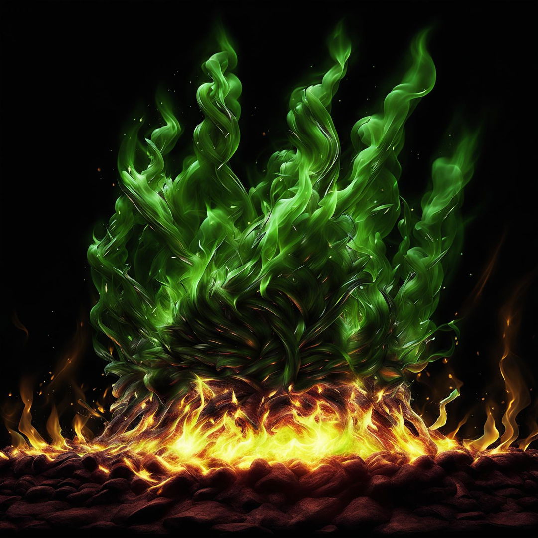 A high-quality digital art image depicting a vibrant, mesmerizing green fire