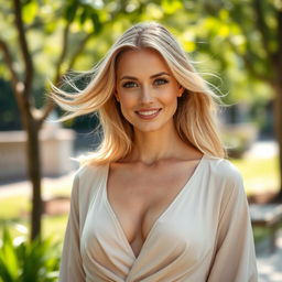 A beautiful woman, 35 years old, with blonde hair and European features, wearing elegant clothing that covers her chest, standing in an outdoor setting