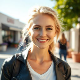 A portrait of a 35-year-old woman with light blonde hair and European features, casually dressed in stylish clothing