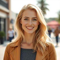 A portrait of a 35-year-old woman with light blonde hair and European features, casually dressed in stylish clothing