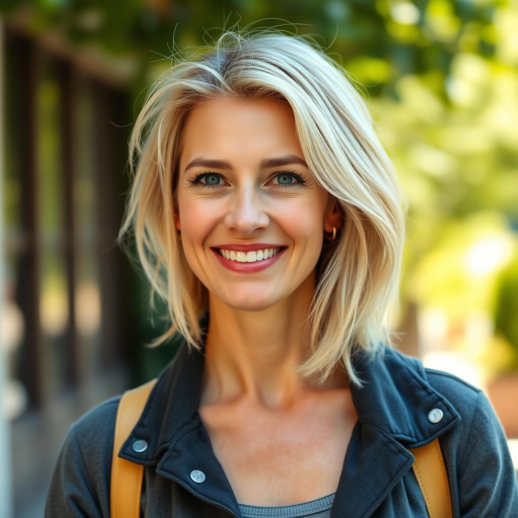 A portrait of a 35-year-old woman with light blonde hair and European features, casually dressed in stylish clothing