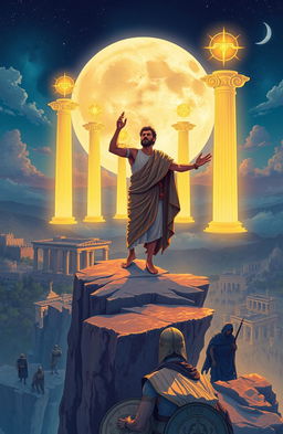 An illustration for a Greek novel titled 'The Varosiad,' depicting a heroic Greek man standing on a cliff, overlooking a vast landscape filled with ancient Greek ruins under a full moon