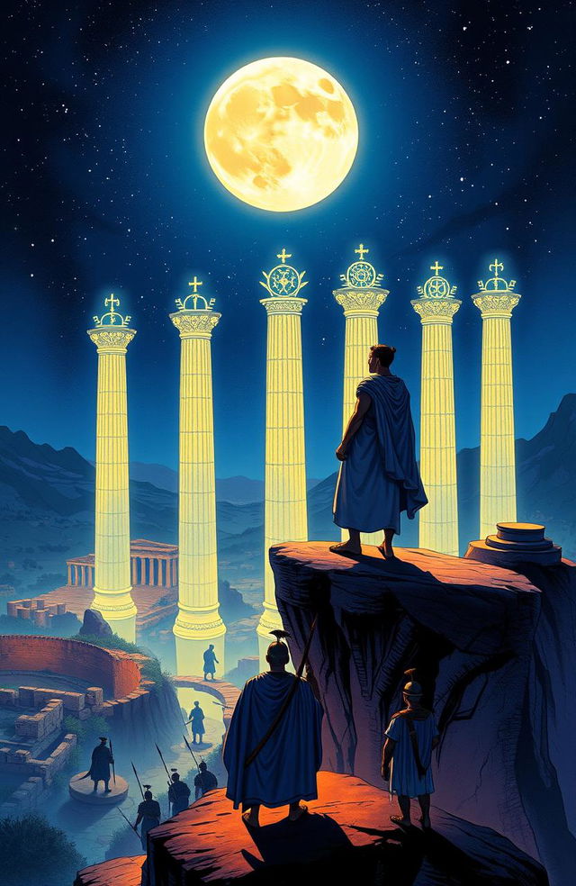 An illustration for a Greek novel titled 'The Varosiad,' depicting a heroic Greek man standing on a cliff, overlooking a vast landscape filled with ancient Greek ruins under a full moon