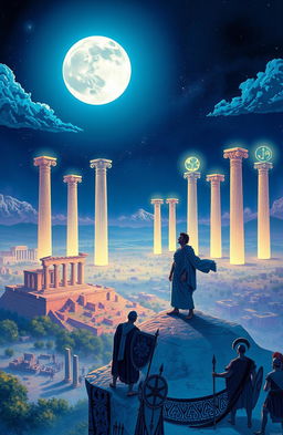 An illustration for a Greek novel titled 'The Varosiad,' depicting a heroic Greek man standing on a cliff, overlooking a vast landscape filled with ancient Greek ruins under a full moon