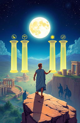 An illustration for a Greek novel titled 'The Varosiad,' depicting a heroic Greek man standing on a cliff, overlooking a vast landscape filled with ancient Greek ruins under a full moon
